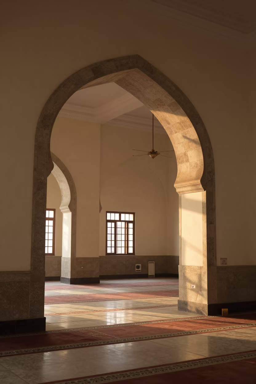 Morning Light on Monywa Mosque Stone Arch in in a mosque prayer hall in Monywa