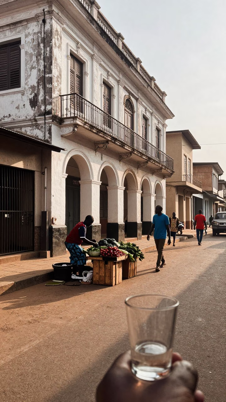 Morning Light on Accra Street with Glass Tumbler and Dust Mop in in Accra, Ghana