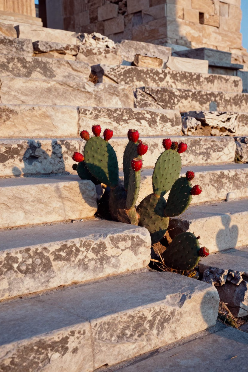 Morning Light on Acropolis Steps with Prickly Pear Cactus in Athens Greece in in Athens, Greece