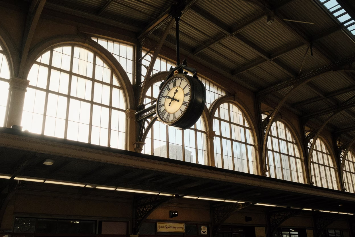 Morning Light on Adelaide Railway Station Clock Under Iron Roof at Dawn in in Adelaide, South Australia, Australia