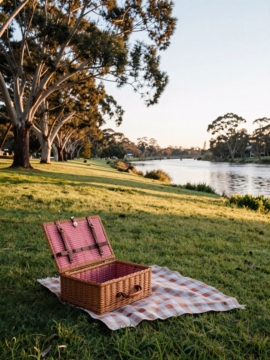Morning Light on Adelaide Riverbank with Vintage Picnic Basket and Fruit Knife in in Adelaide, South Australia, Australia