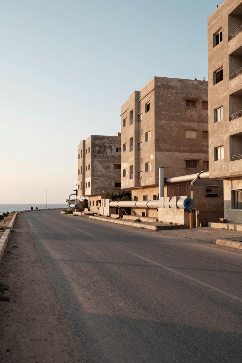 Morning Light on Alexandria Coastal Road with District Heating Pipes and Street Life in in Alexandria, Egypt