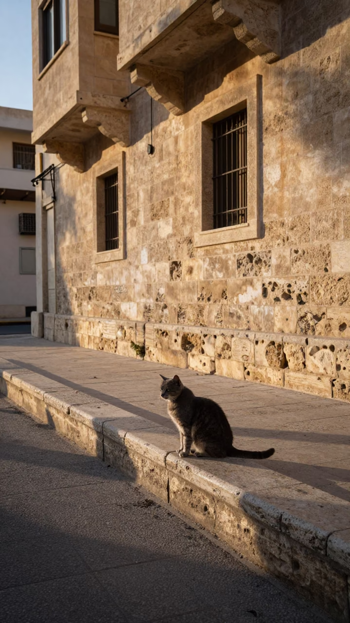 Morning Light on Alexandria Corniche Street Scene with Cat and Stone Architecture in in Alexandria, Egypt