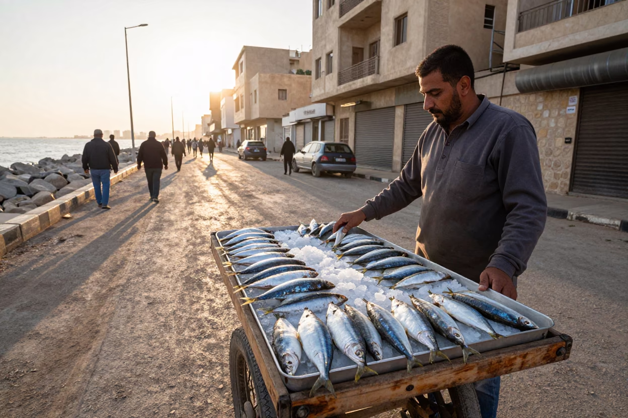 Morning light on Alexandria corniche street scene with sardines and local activity at dawn in in Alexandria, Egypt