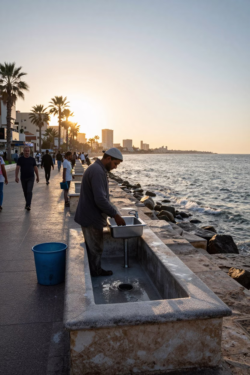 Morning Light on Alexandria Corniche with Condensation on Basin Lip in in Alexandria, Egypt
