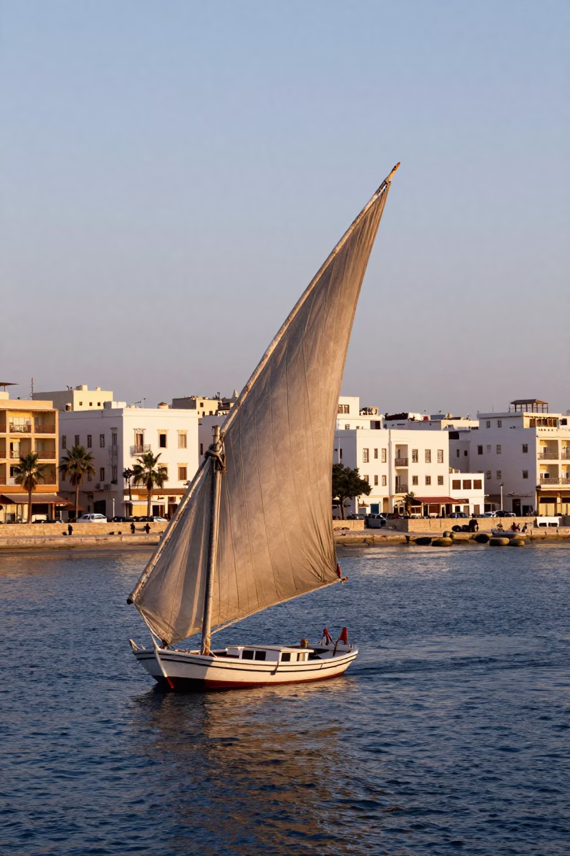 Morning Light on Alexandria Corniche with Traditional Sailboat and Urban Skyline in in Alexandria, Egypt