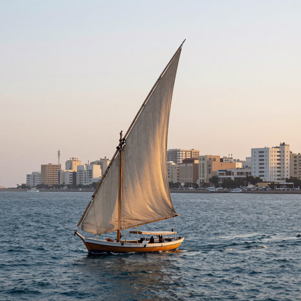 Morning Light on Alexandria Corniche with Traditional Wooden Sailboat and City Skyline in in Alexandria, Egypt