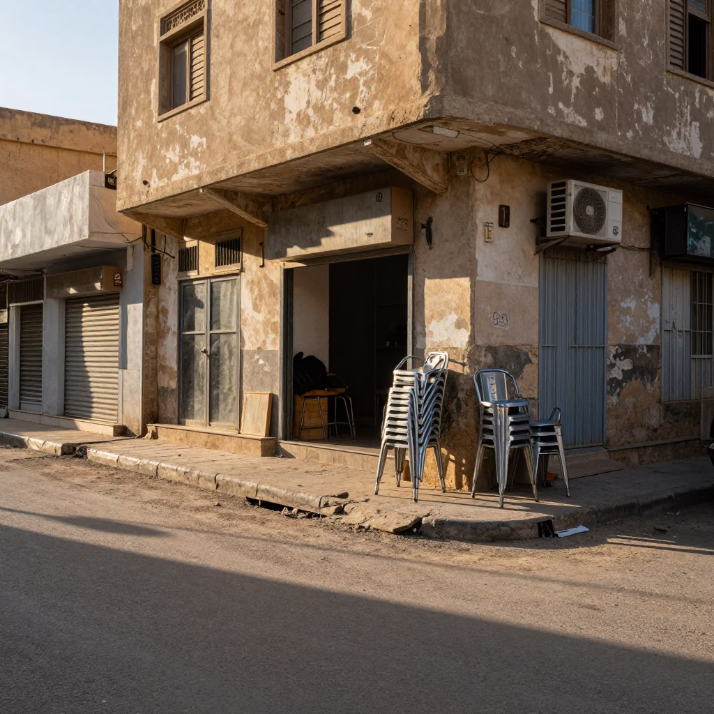 Morning Light on Alexandria Street with Metal Stools and Local Commerce in in Alexandria, Egypt