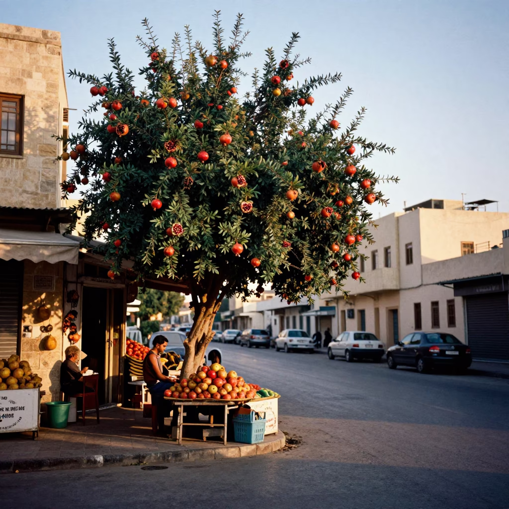 Morning light on Alexandria street with pomegranate tree and fruit vendor stall in in Alexandria, Egypt