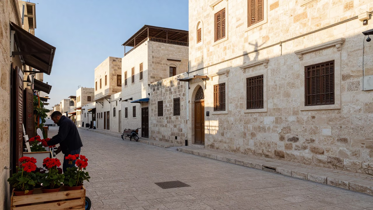 Morning Light on Amman's White Stone Streets with Potted Geraniums in in Amman, Jordan