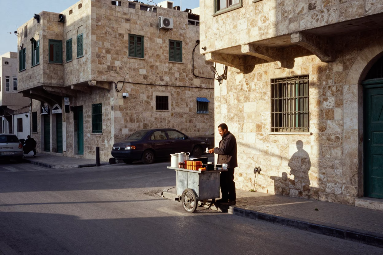 Morning light on Amman street corner with coffee vendor and stone architecture in in Amman, Jordan
