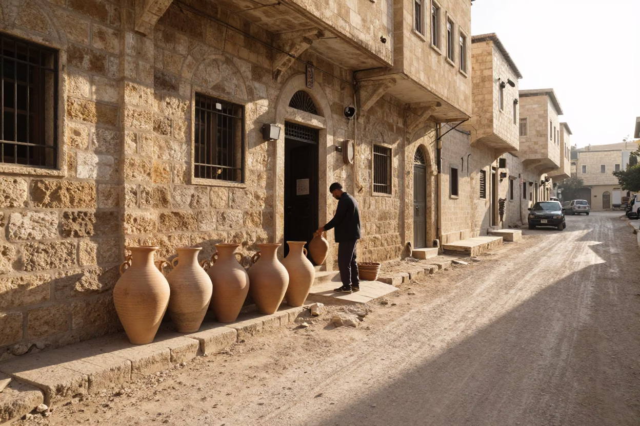 Morning Light on Amman Street with Clay Pots and Dappled Shadows in in Amman, Jordan