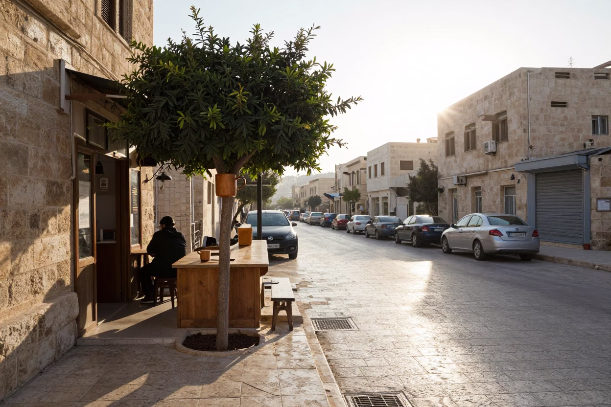 Morning light on Amman streets with coffee shop mug tree and local street scene in in Amman, Jordan