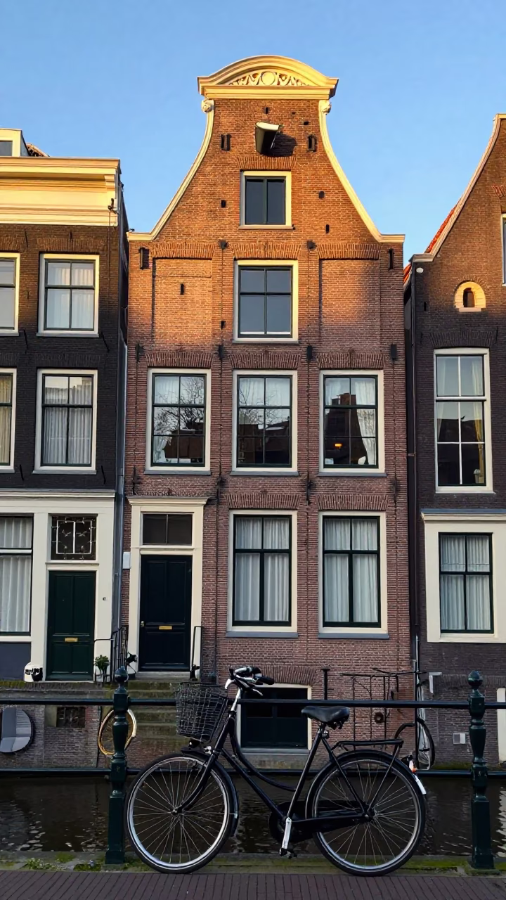 Morning Light on Amsterdam Canal House Facade with Bicycle and Window Details in in Amsterdam, Netherlands