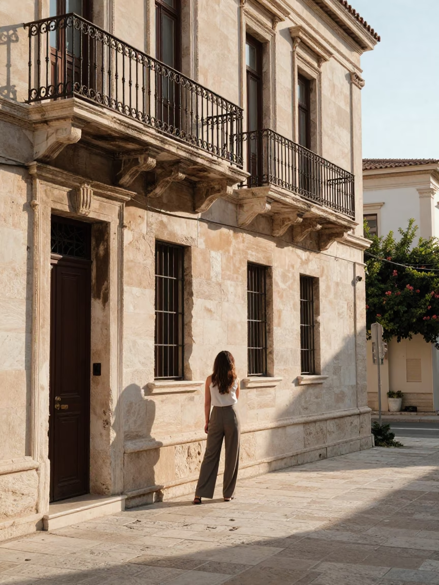 Morning light on ancient Athenian street with woman in 1990s high fashion attire in in Athens, Greece
