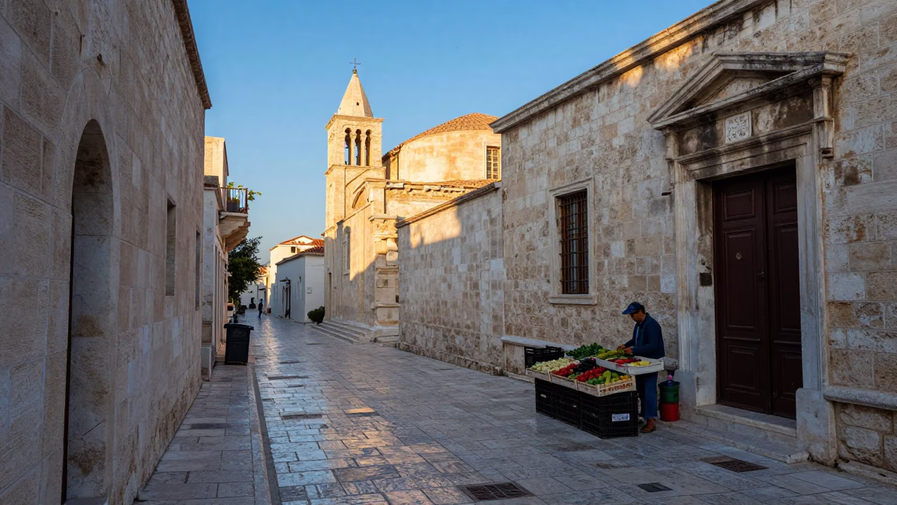 Morning Light on Ancient Athens Street with Stone Architecture and Local Market Activity in in Athens, Greece
