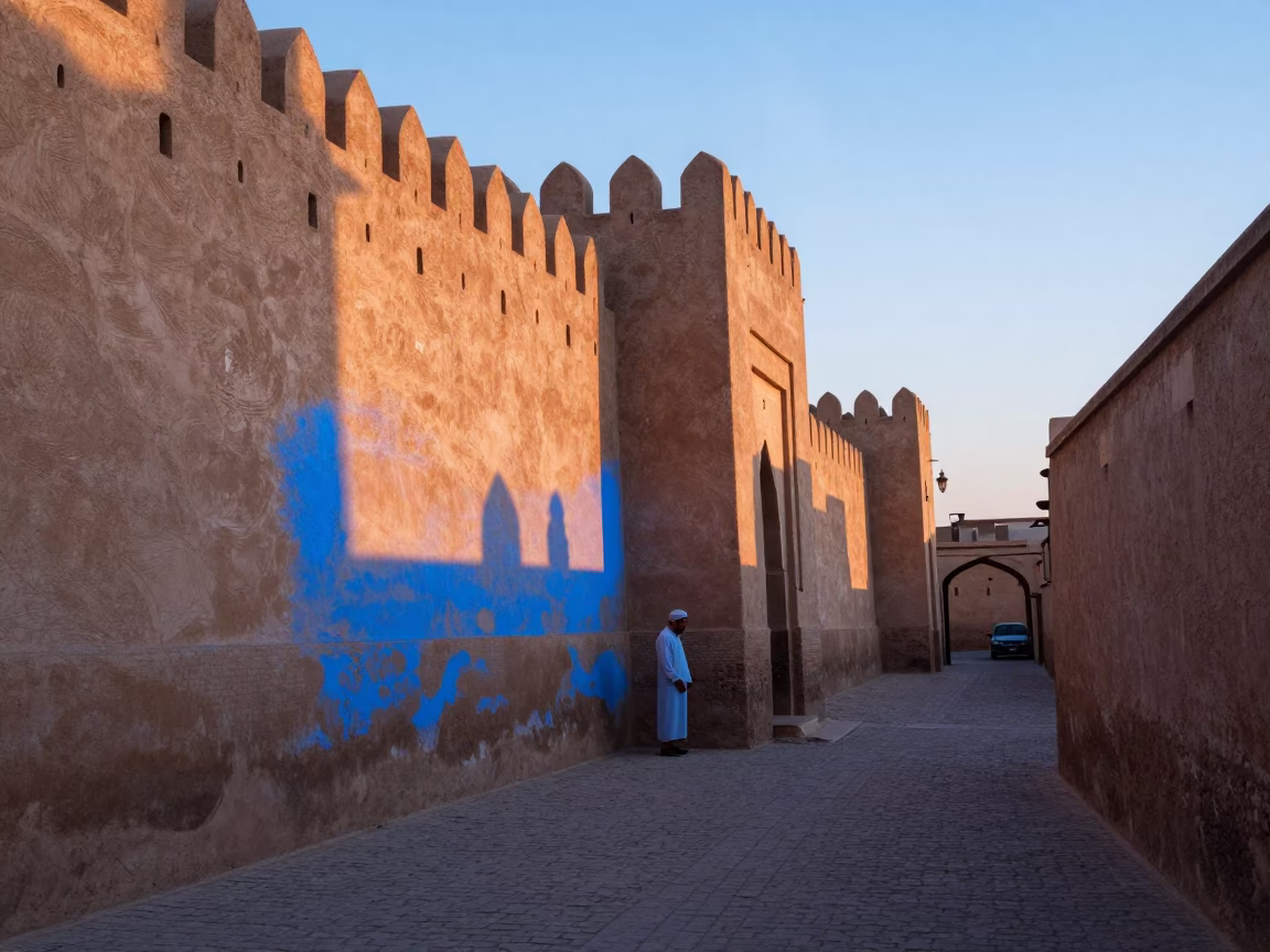 Morning Light on Ancient Fez Medina Walls with Local Tea Service in in Fez, Morocco