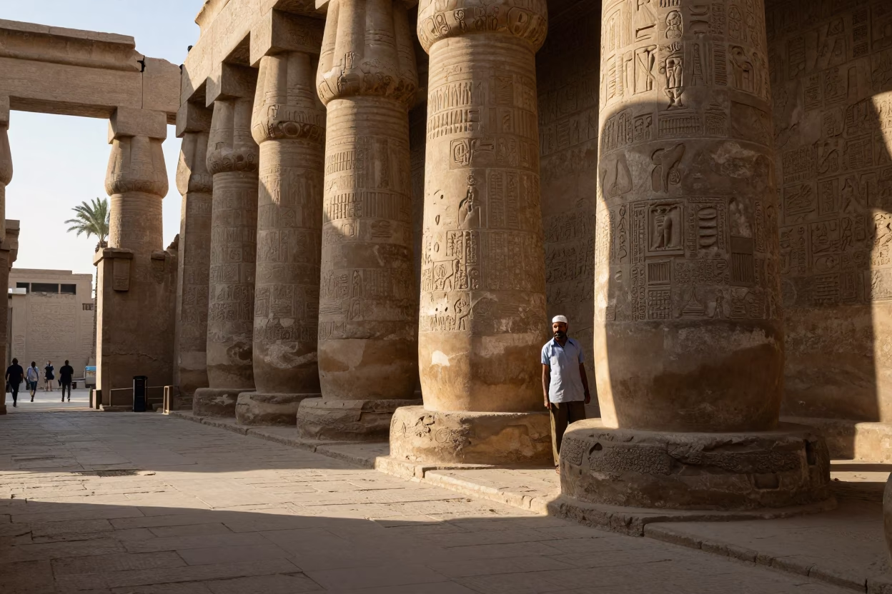 Morning light on ancient Luxor temple columns with street food vendor and tourists in in Luxor, Egypt