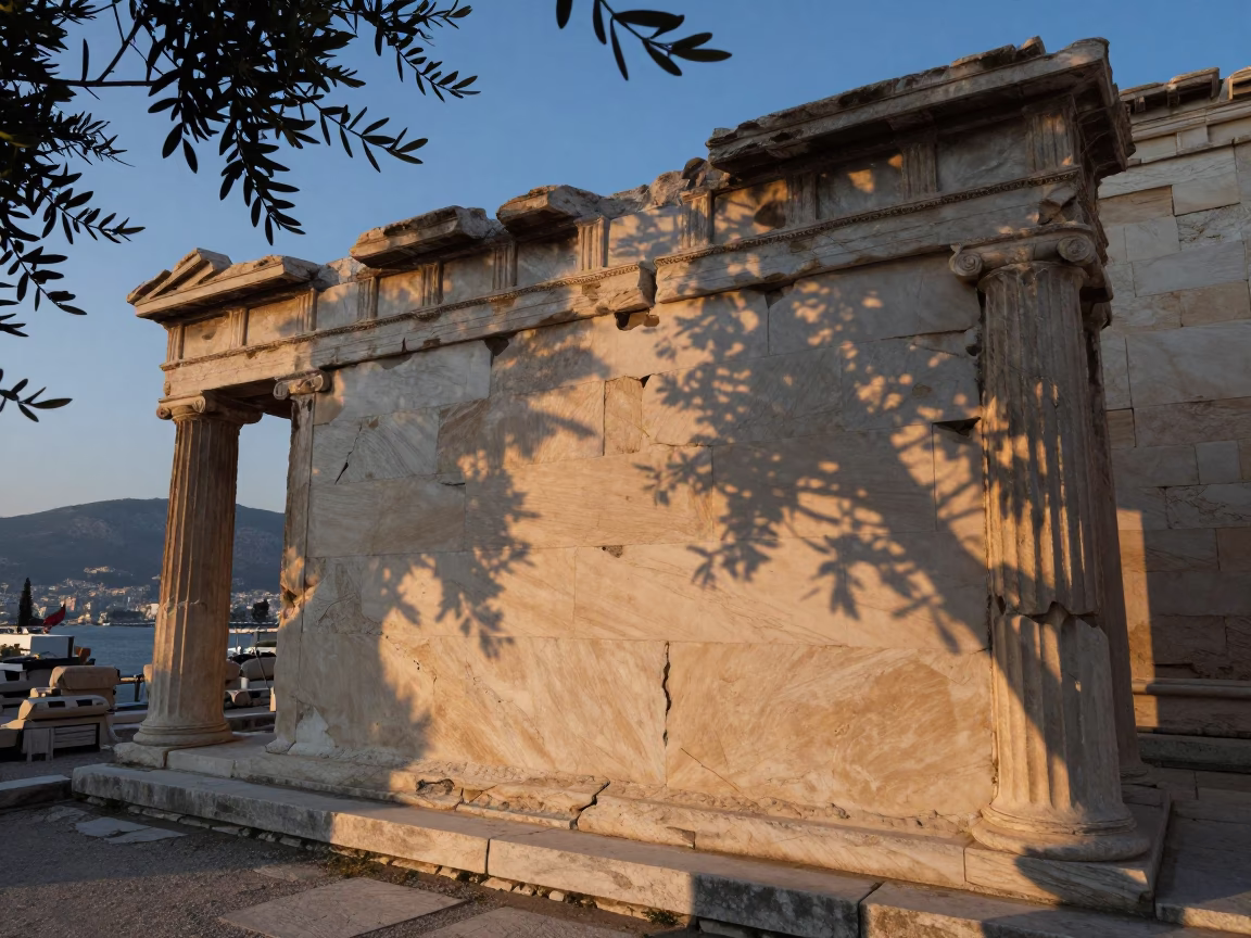 Morning light on ancient marble ruins in Athens Greece at nautical dawn in in Athens, Greece