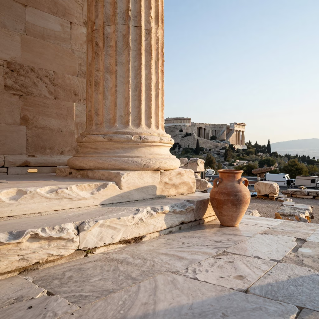 Morning light on ancient marble ruins near Acropolis with clay pot and street vendor in in Athens, Greece