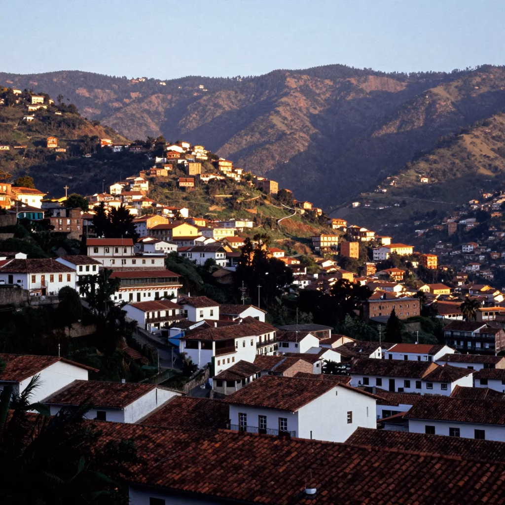 Morning light on Andes mountains and colonial architecture in Medellin Colombia street scene in in Medellin, Colombia