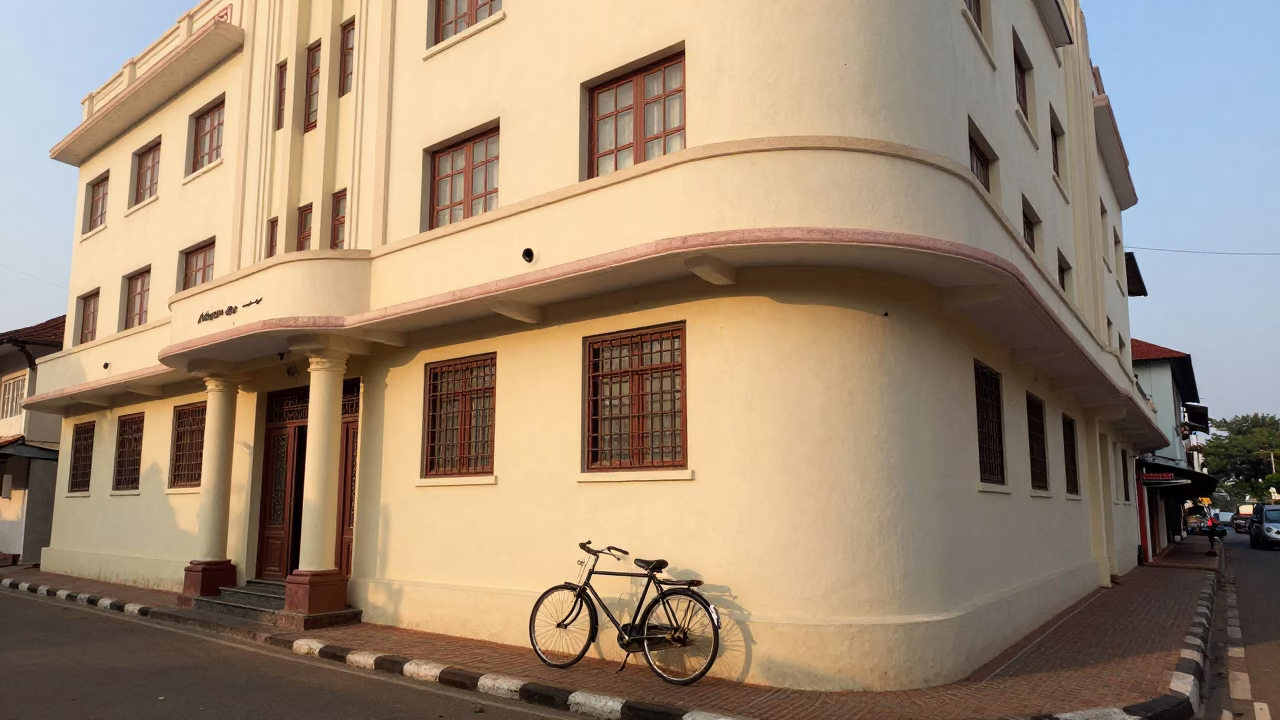 Morning Light on Art Deco Hotel Facade in Kochi India Street Scene in in Kochi, India