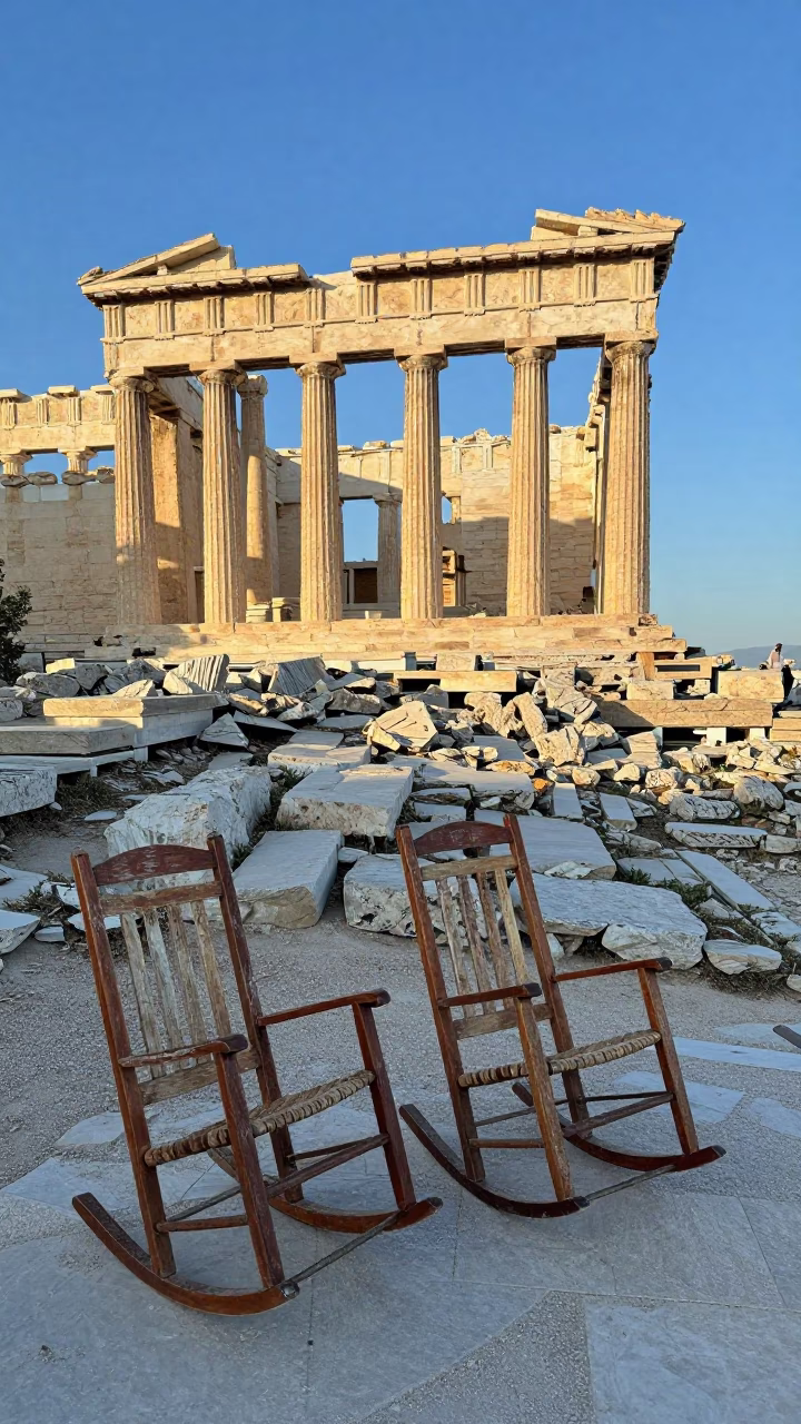 Morning Light on Athens Acropolis Rocking Chairs with Scratched Wood Details in in Athens, Greece