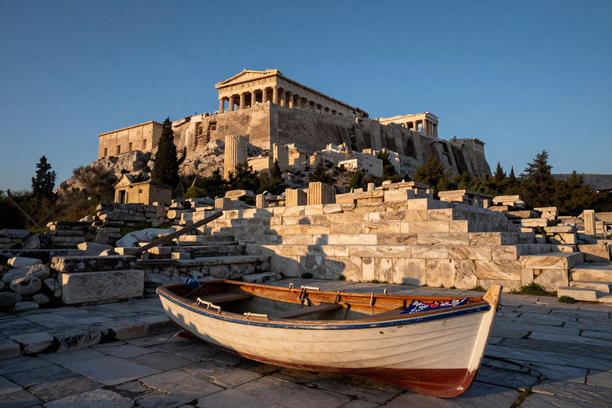 Morning Light on Athens Acropolis with Rowboat and Embroidered Cushion in in Athens, Greece