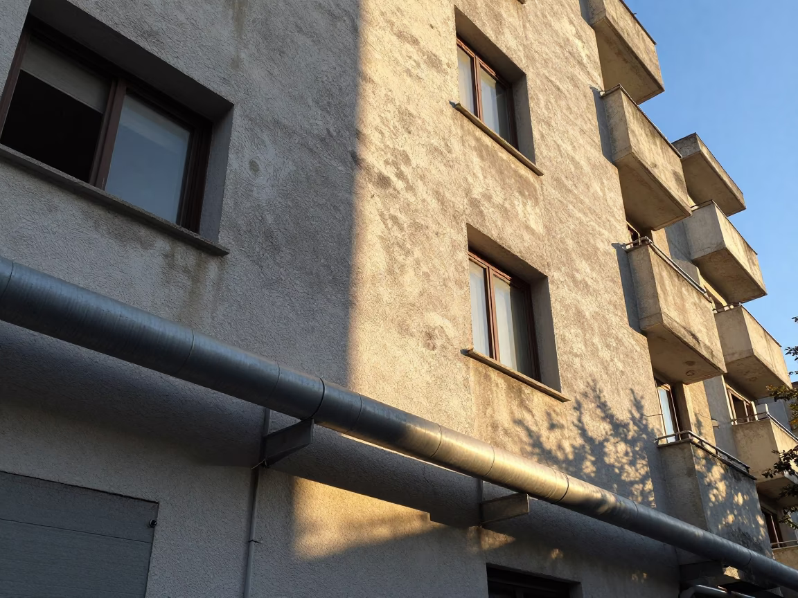 Morning Light on Athens Apartment Block District Heating Pipes and Concrete Facade in in Athens, Greece