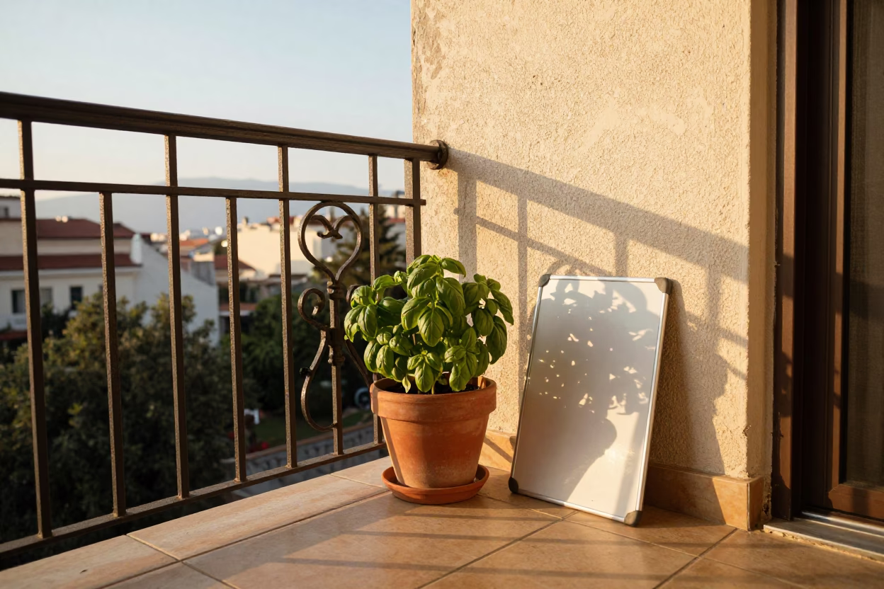Morning light on Athens balcony with basil pot and whiteboard notes in in Athens, Greece