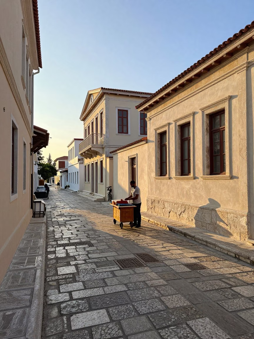 Morning light on Athens Plaka cobblestones with street vendor and falafel in in Athens, Greece