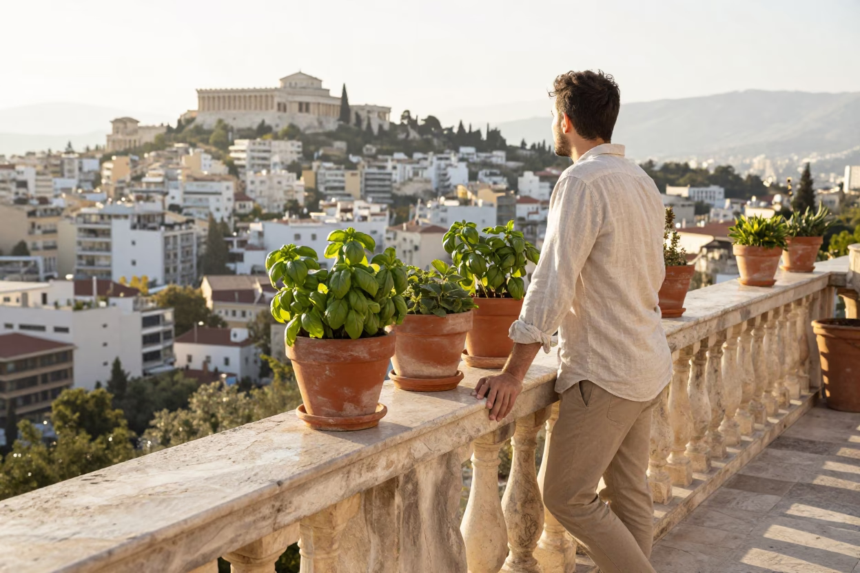Morning light on Athens stone balcony with potted herbs and city skyline in in Athens, Greece