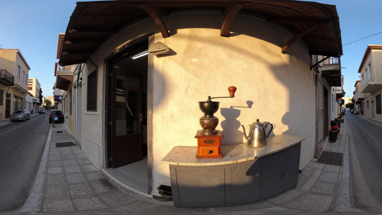 Morning light on Athens street corner with coffee grinder and kettle in in Athens, Greece