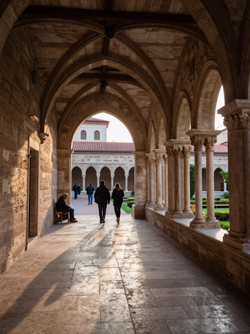 Morning Light on Athens University Cloister Walkway Between Old Stone Buildings in in Athens, Greece
