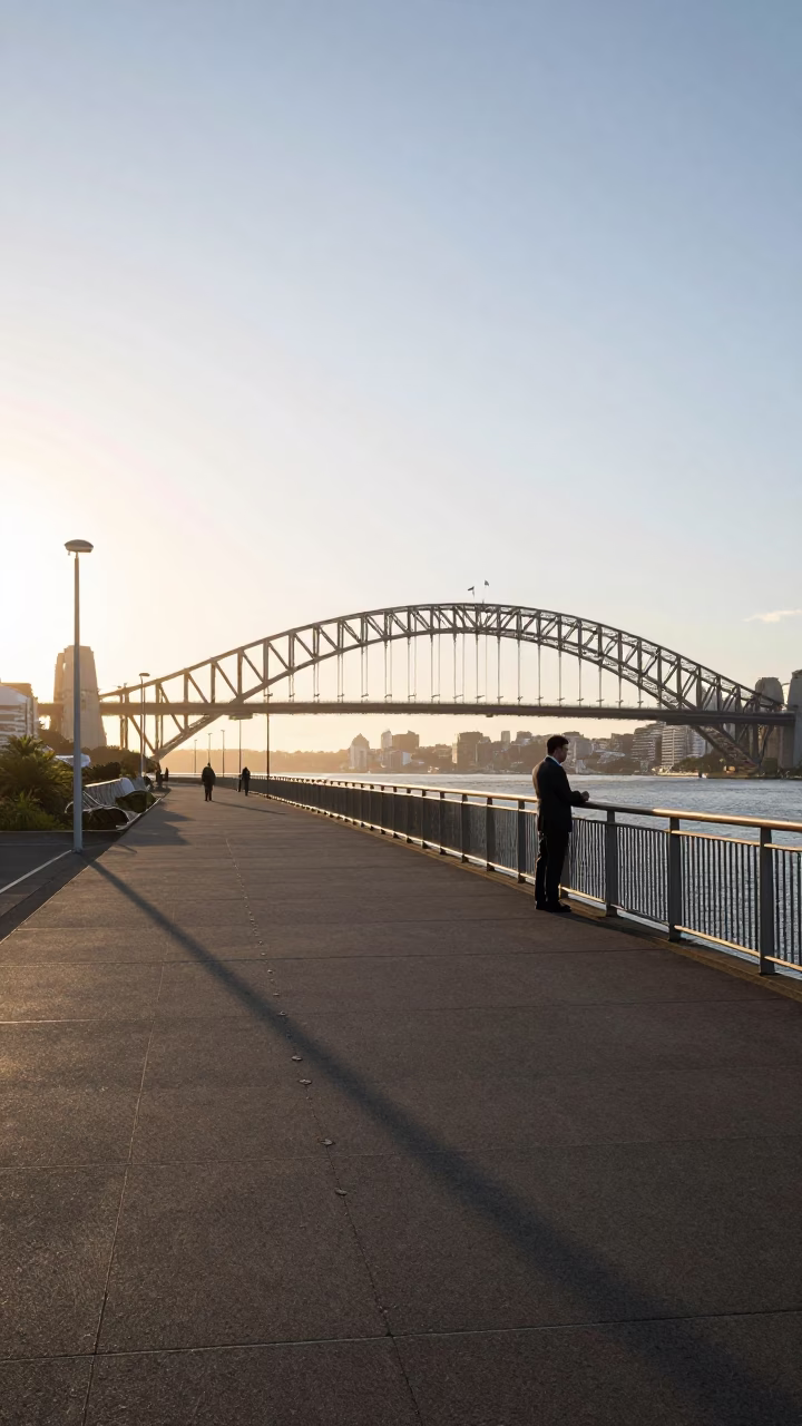 Morning Light on Auckland Harbour Bridge Pedestrian Walkway with Commuter Luggage and City Skyline in in Auckland, New Zealand