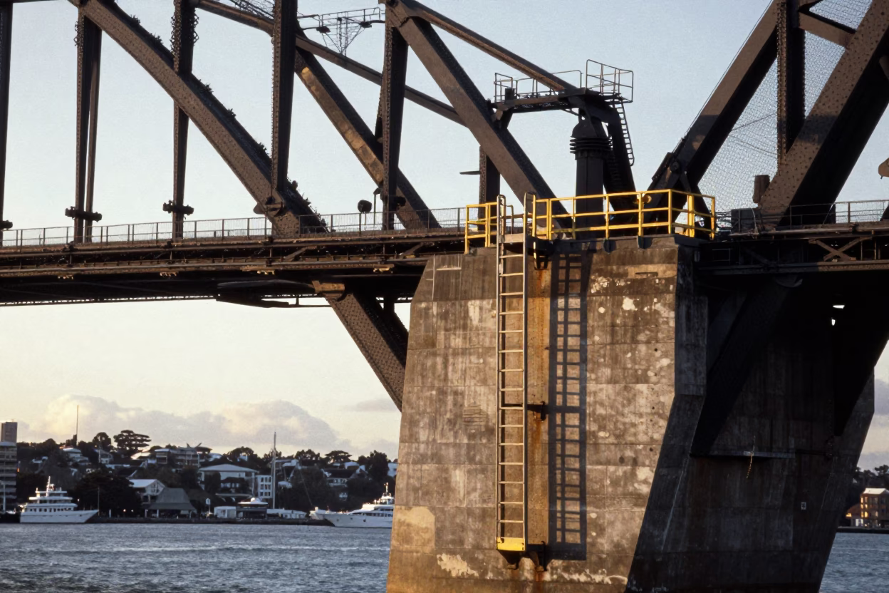 Morning light on Auckland Harbour Bridge pier inspection ladder over choppy estuary water in in Auckland, New Zealand