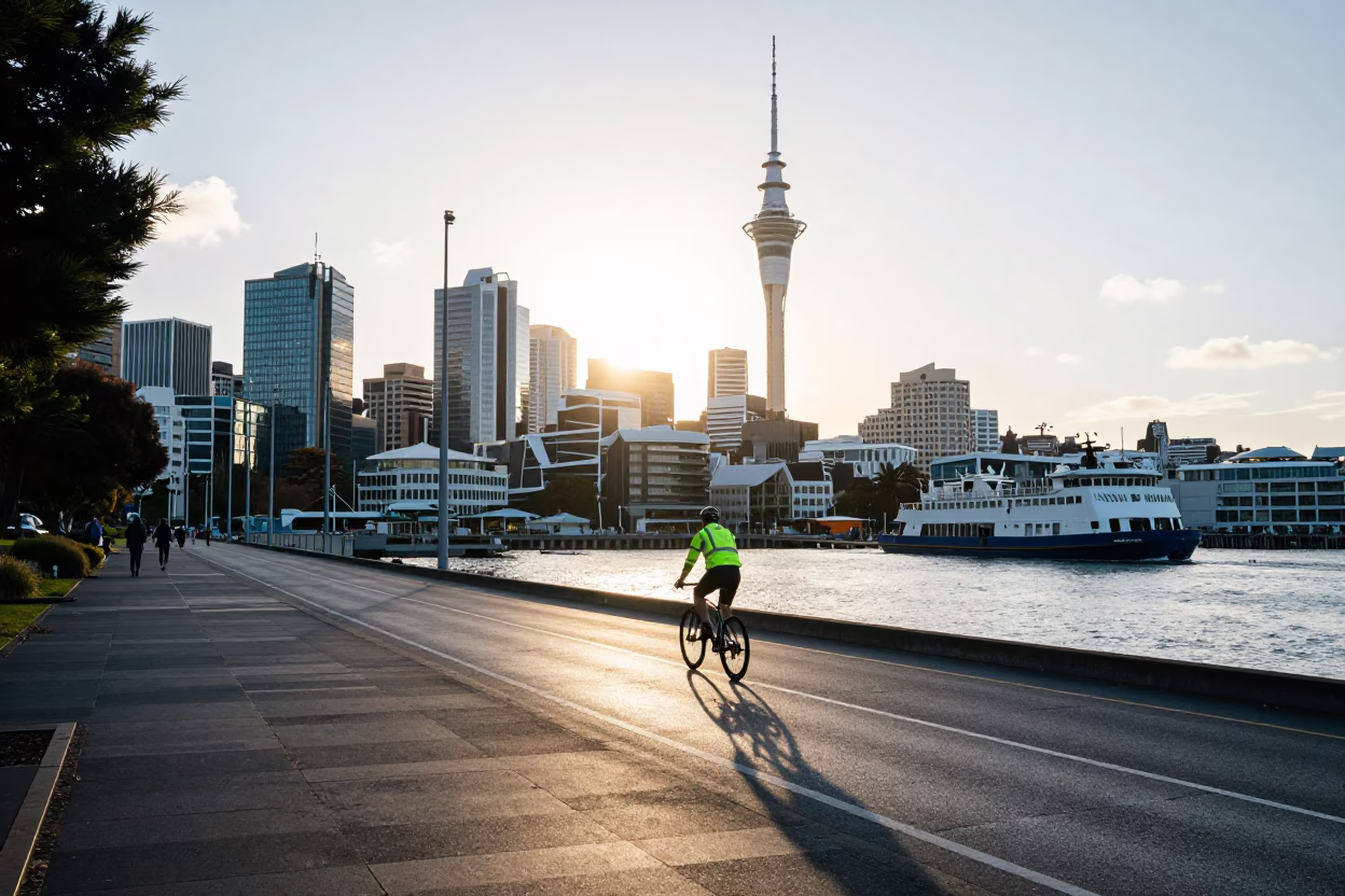 Morning Light on Auckland Sky Tower and Ferry Terminal Street Scene in in Auckland, New Zealand