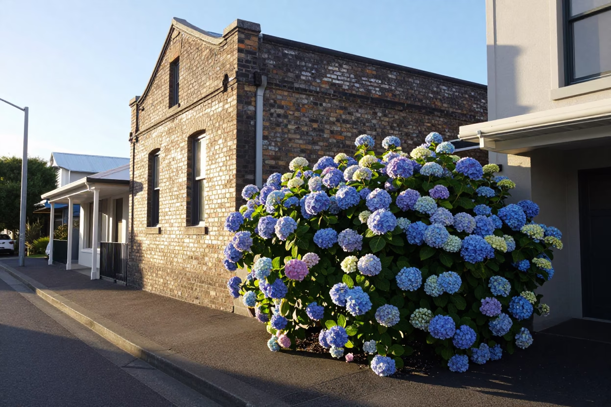 Morning Light on Auckland Street with Hydrangea Bush and Vintage Car Detail in in Auckland, New Zealand