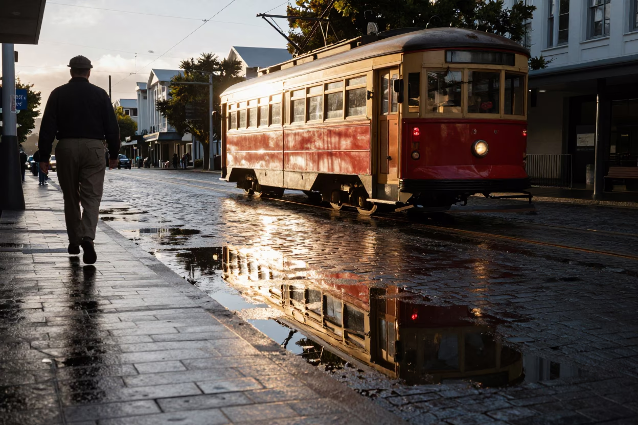 Morning Light on Auckland Tram Car Reflected in Cobblestones with Vintage Street Scene in in Auckland, New Zealand