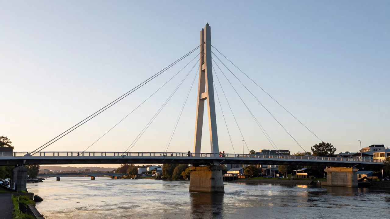 Morning Light on Avon River Christchurch Bridge Maintenance Cradle and River Water in in Christchurch, New Zealand