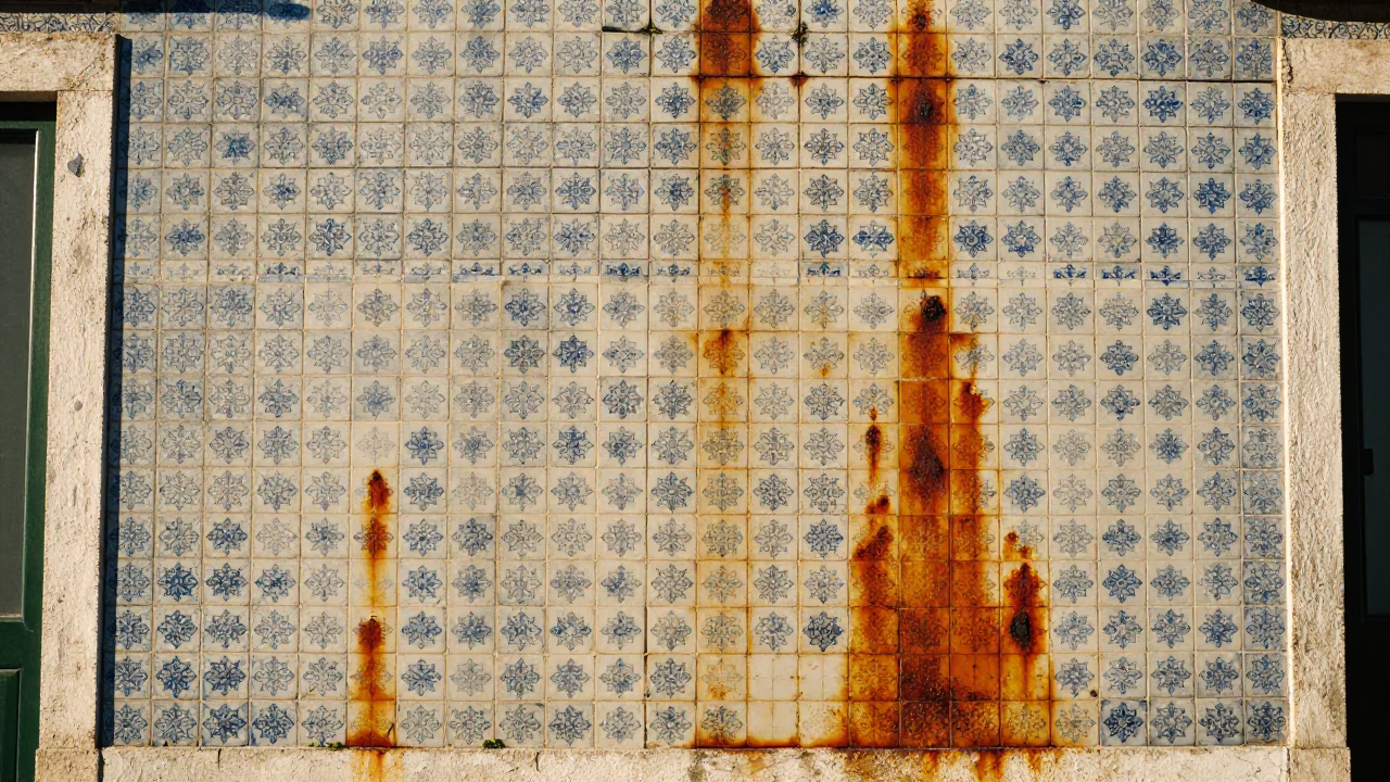 Morning Light on Azulejo Facade with Rust and Water Stains in Lisbon in in Lisbon, Portugal