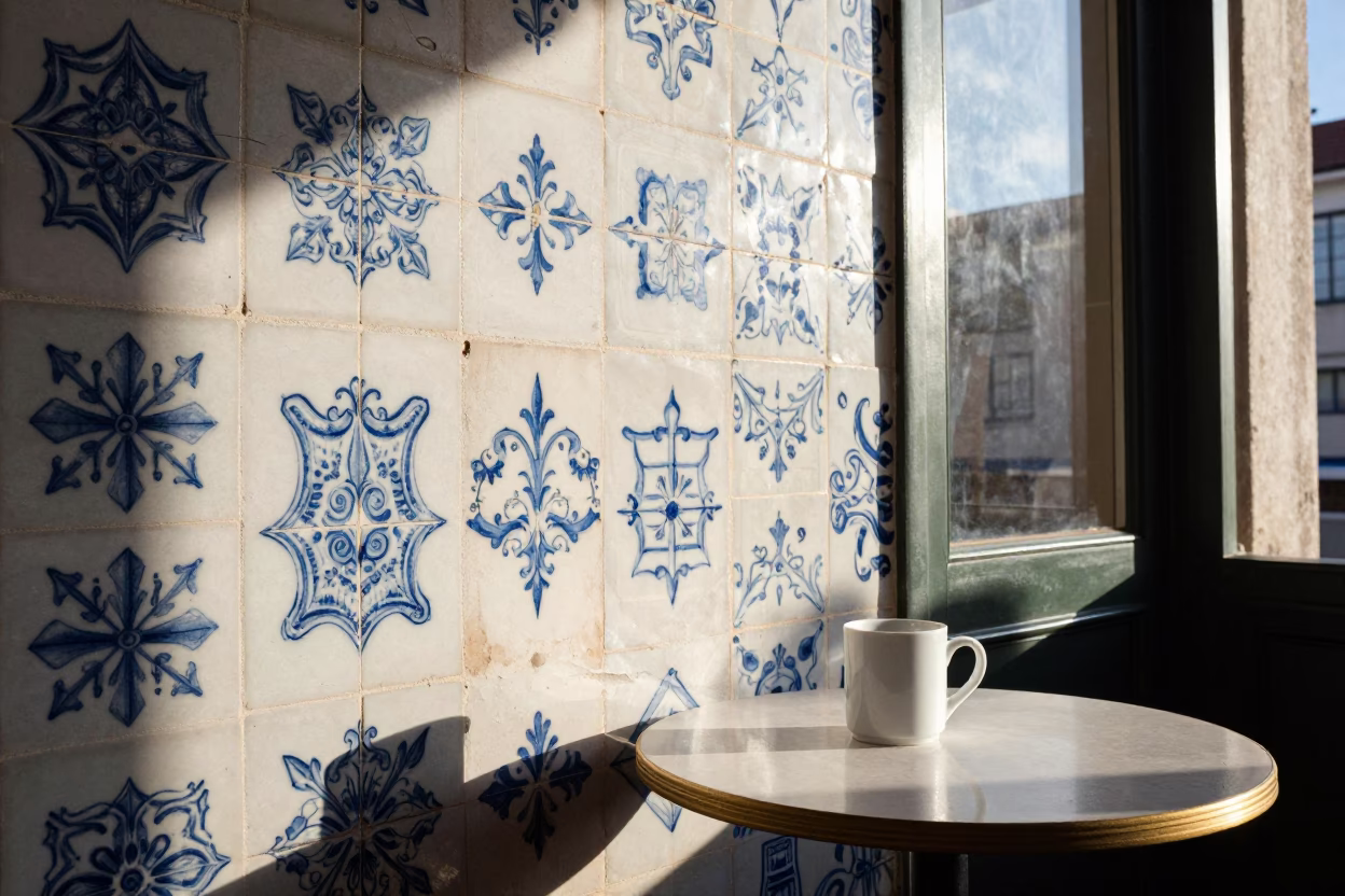 Morning Light on Azulejo Tiles and Coffee Mug in Lisbon Portugal in in Lisbon, Portugal