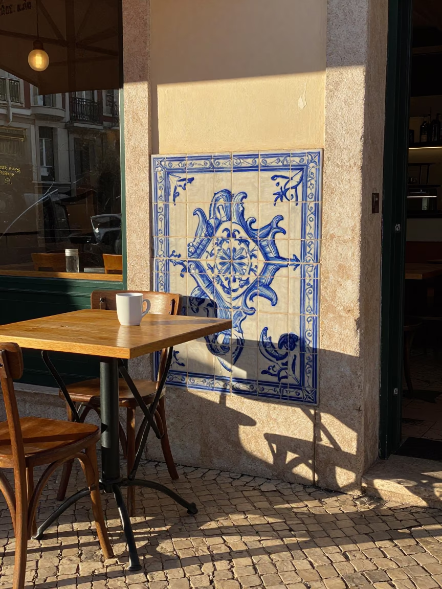 Morning light on azulejo tiles near a cafe table with ceramic ware in in Lisbon, Portugal