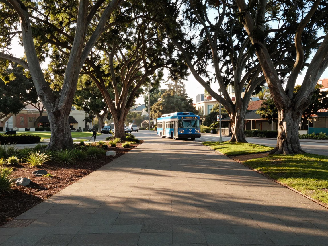 Morning Light on Balboa Park Path with Vintage Bus and Street Details in in San Diego, California, United States