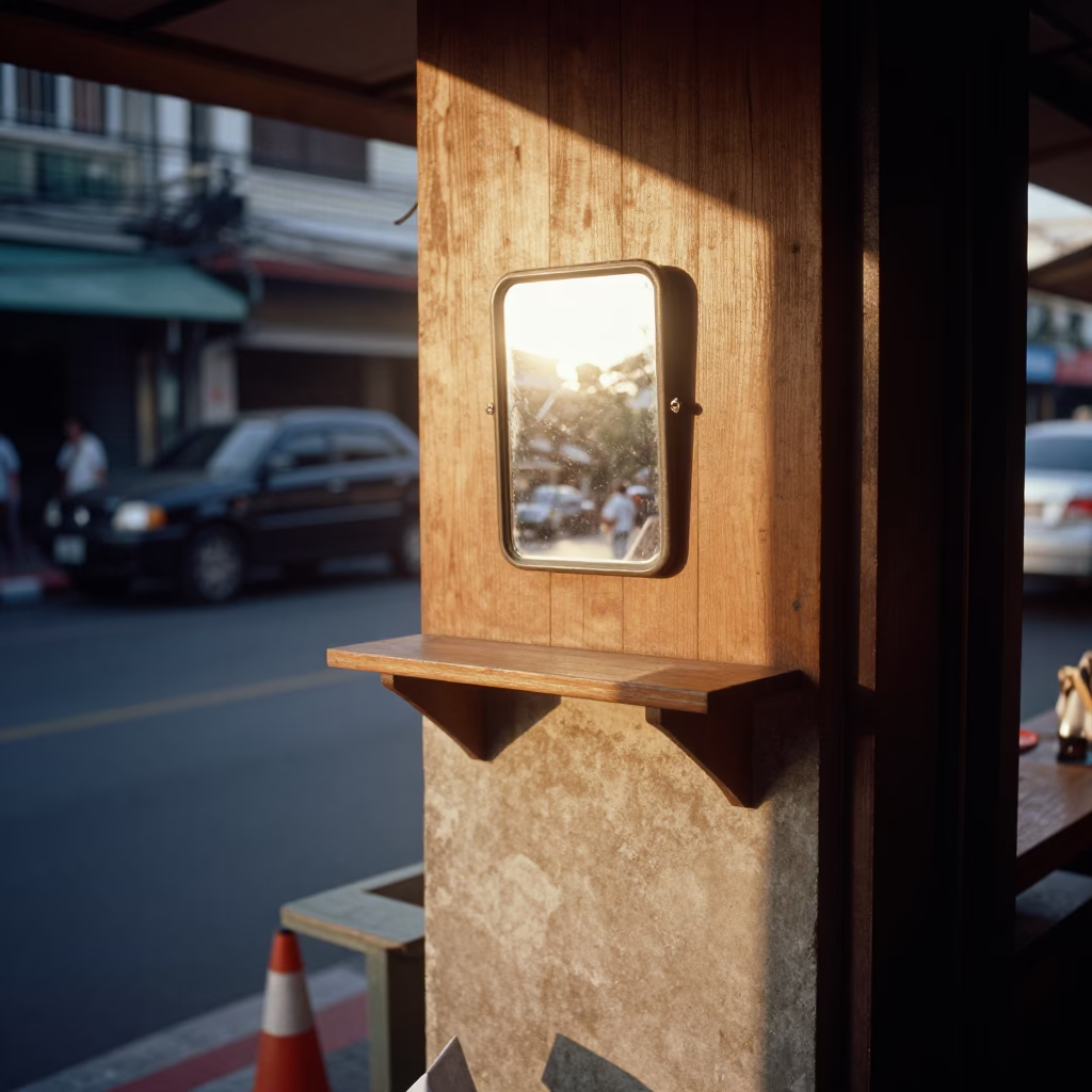 Morning Light on Bangkok Street Corner with Mirror Reflection and Wall Shelf in in Bangkok, Thailand
