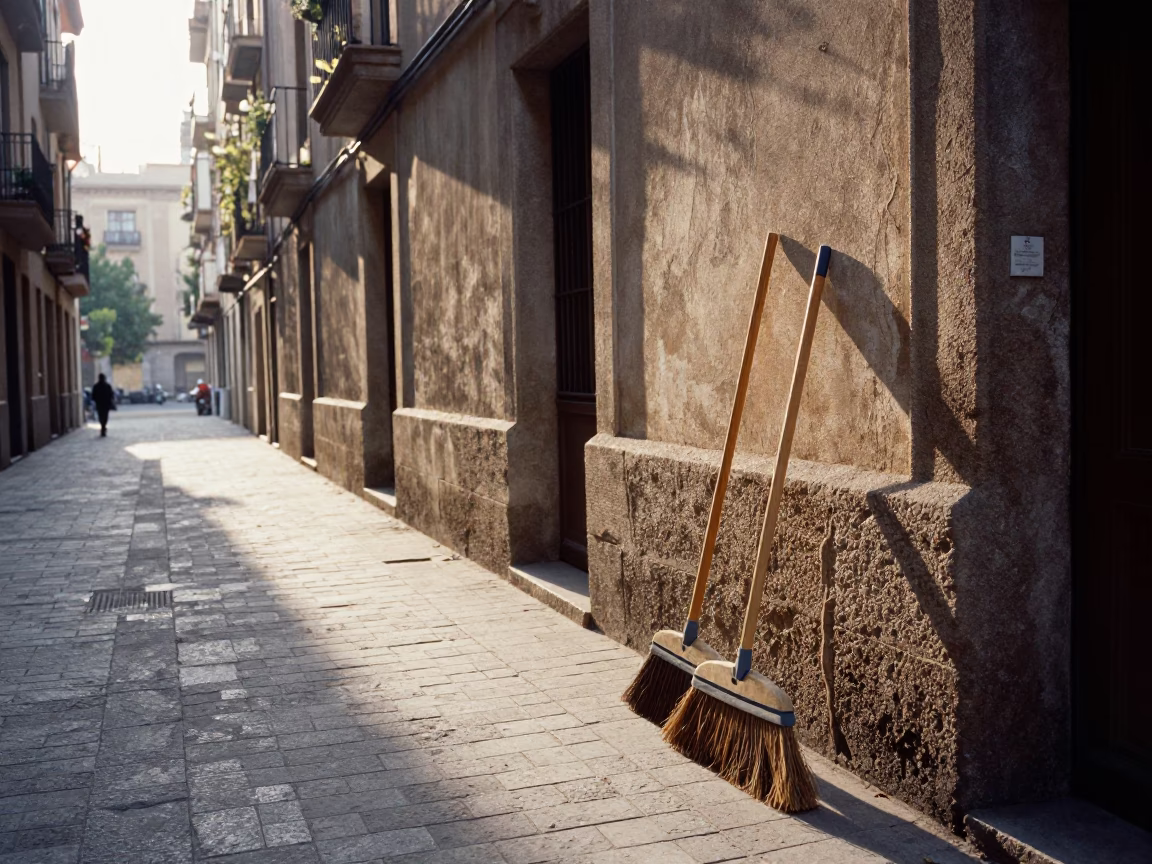 Morning light on Barcelona alleyway with brooms and drying towels in in Barcelona, Spain