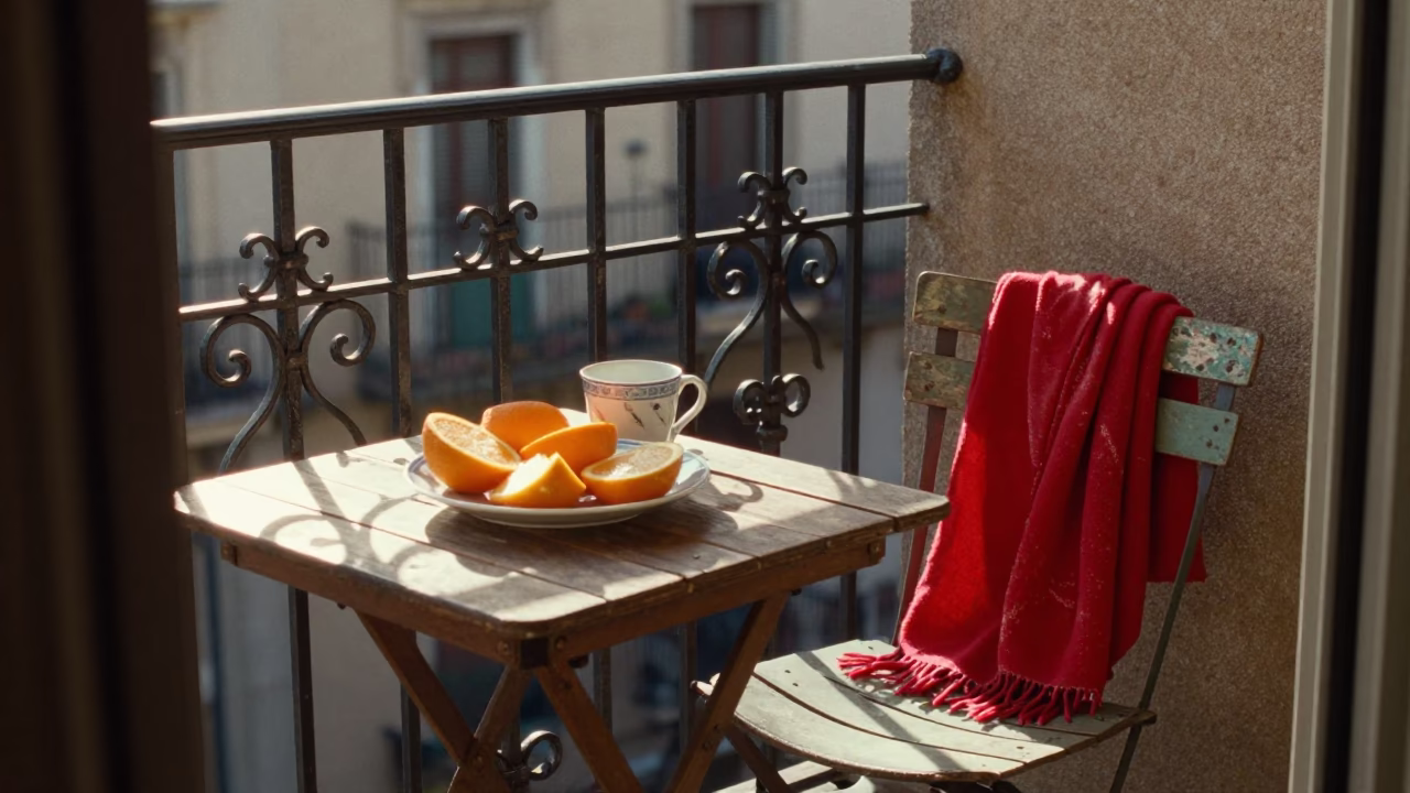 Morning light on Barcelona balcony with fruit and scarf in in Barcelona, Spain