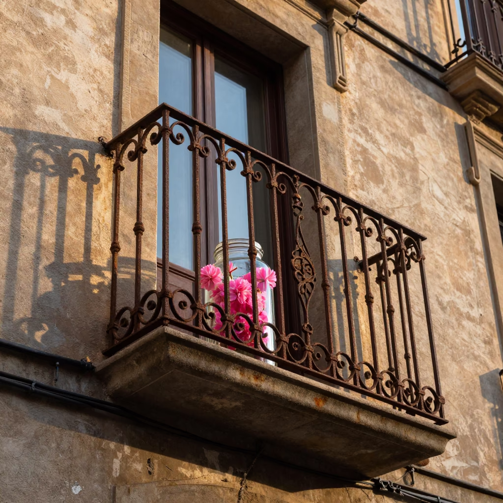 Morning light on Barcelona balcony with rusted iron and fresh ranunculus bouquet in in Barcelona, Spain