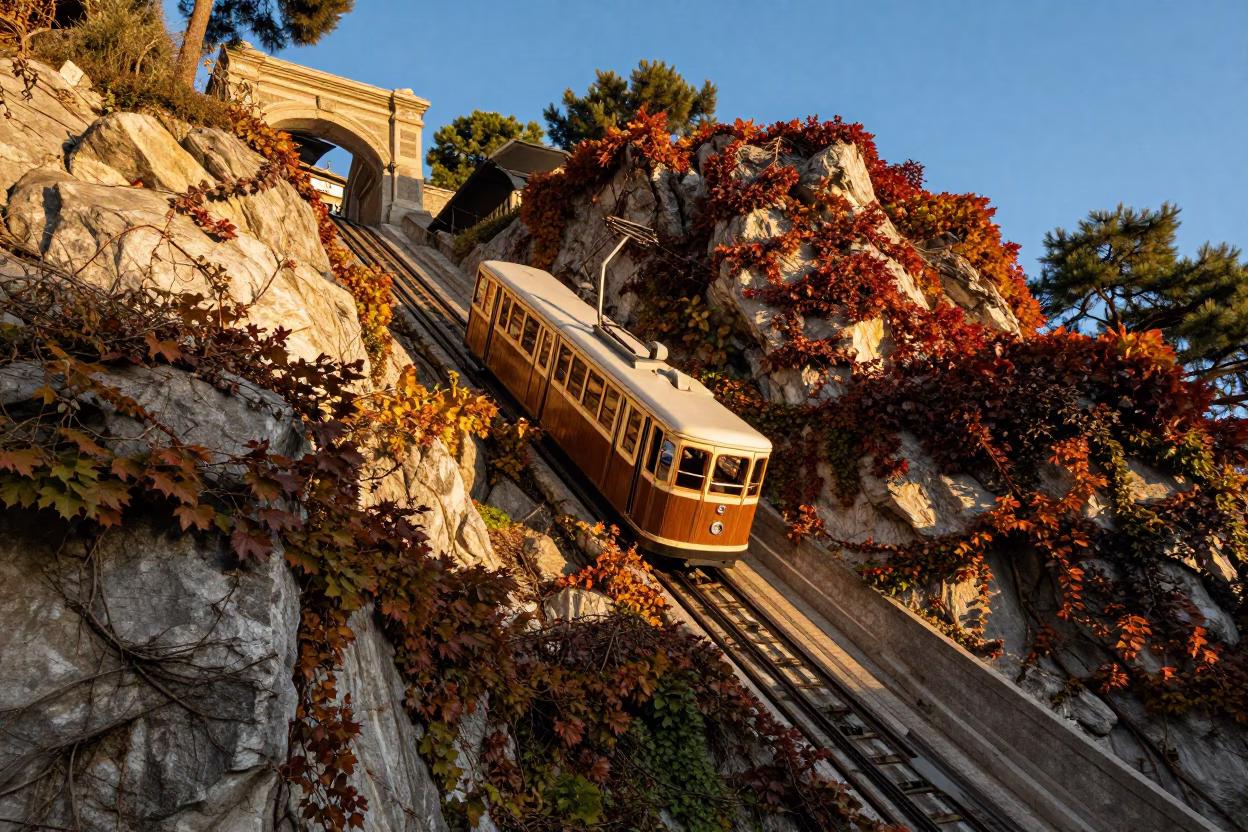 Morning Light on Barcelona Funicular Railway Amidst Autumn Vines and Stone Infrastructure in in Barcelona, Spain