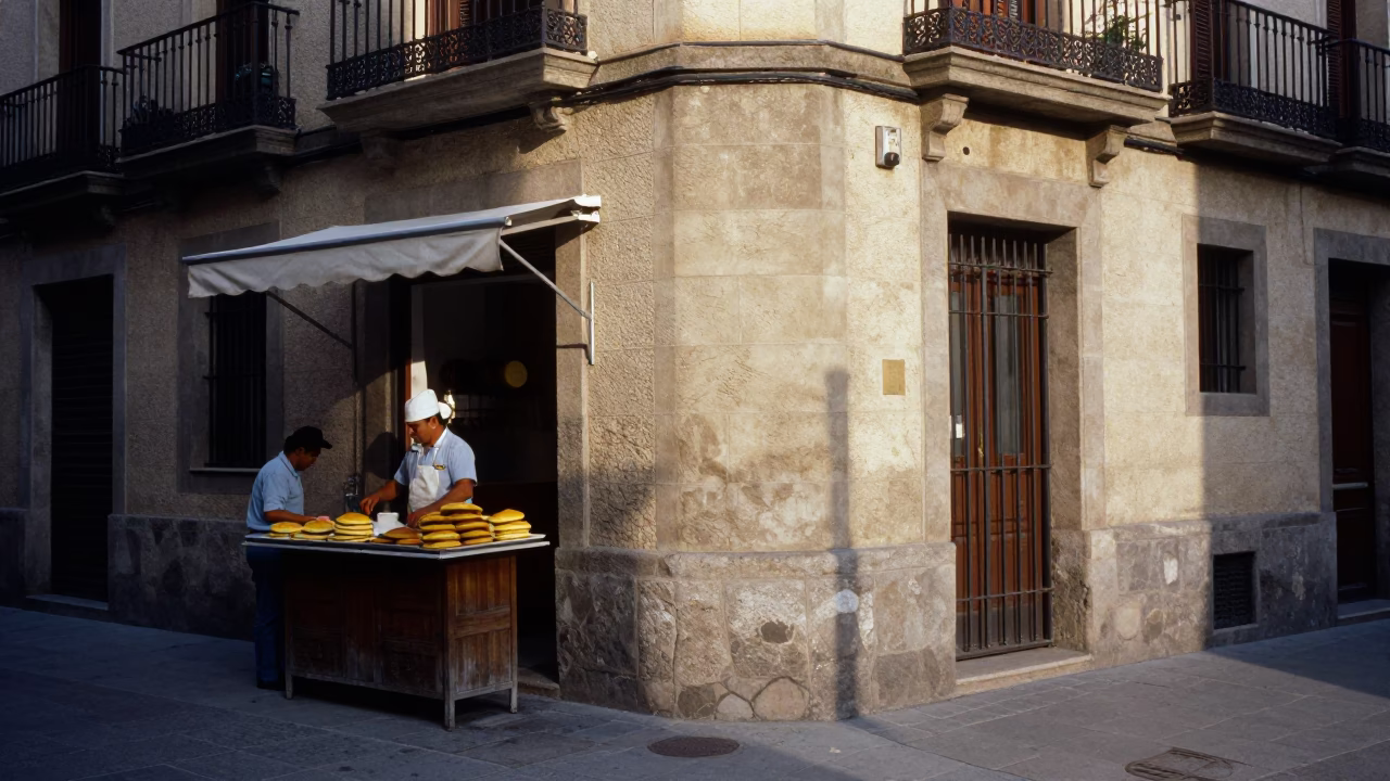 Morning light on Barcelona street corner with arepas and local commerce in in Barcelona, Spain